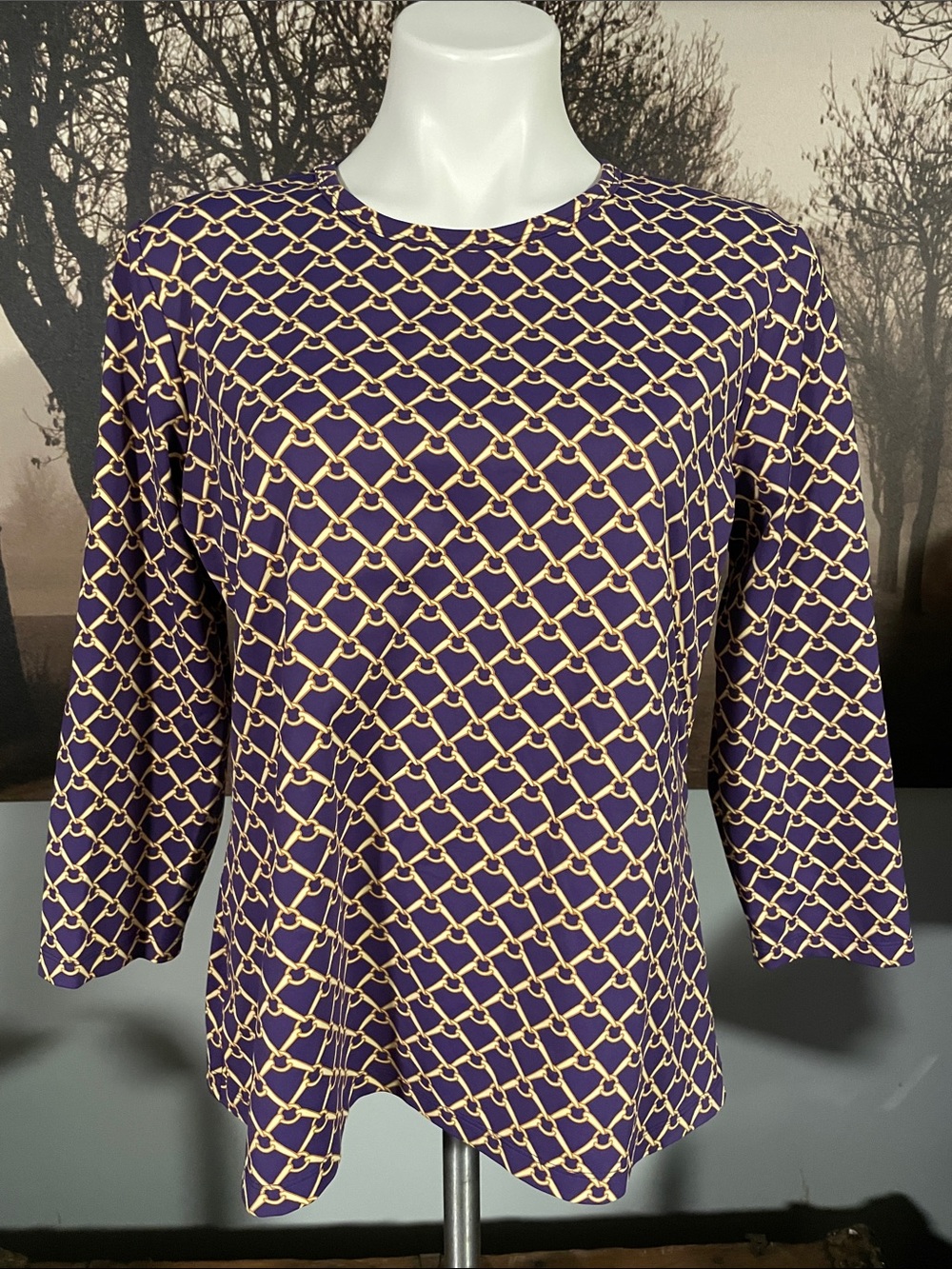 J. McLaughlin Purple & Gold Chain-Print Long-Sleeve Women's Top - XL